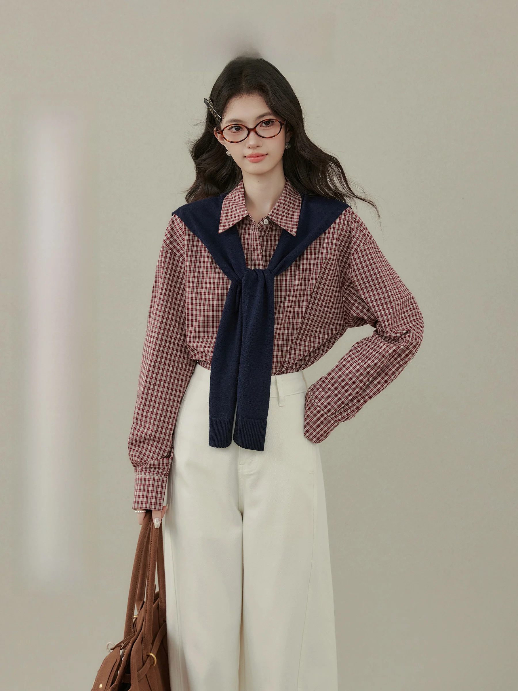 

Классический винтажный красный клетчатый длинный све Свободный женский отложной воротник irt для девочек Faion Зимний сезон Обычный тонкий