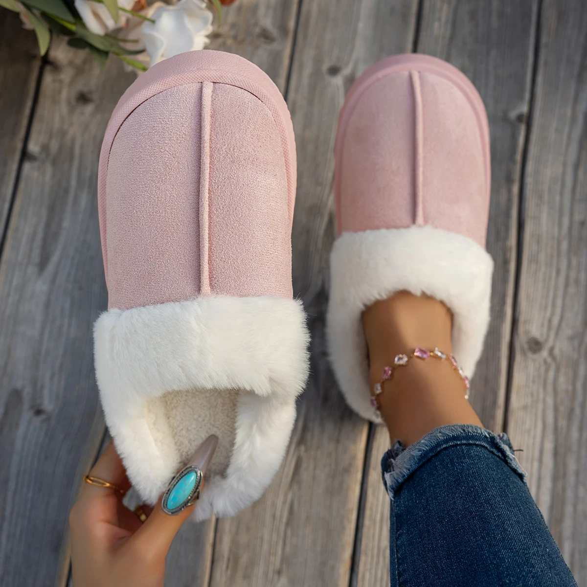 

Women Ankle Boots Solid Color Slip on Furry Slippers Soft Warm Plush Fleece House Shoes Women Inner Casual Short Boots Women