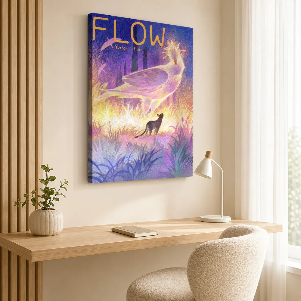 Flow: Bird and Cat in Field Canvas Print Poster Custom Funny Animal Wall Art for Bathroom Decor Collectible Ready to Hang Gift