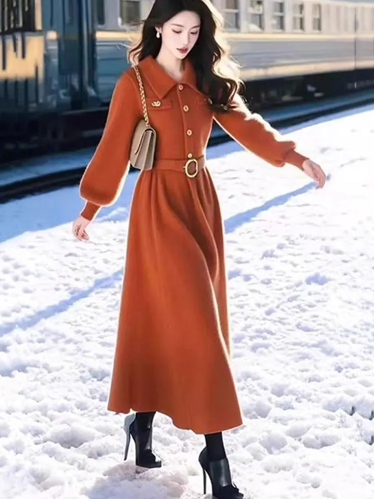 

plus Size Flattering Retro Slimming Knitted Dress Women's Autumn Winter New Style Maturity Wind Waist Cinching Long Dress