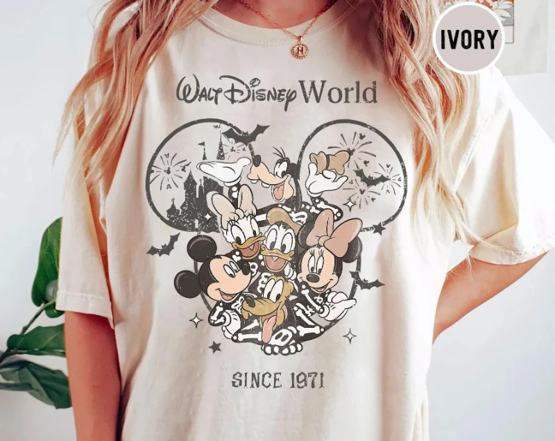 

Potdemiel Retro Walt Disney World Comfort Color Shirt, Vintage DisneyWorld Halloween Shirt: Mickey and Friends Skeleton Tee
