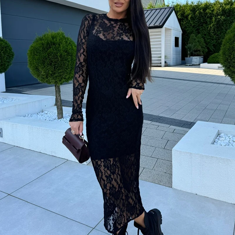 New Solid O Collar Hollow Out Long Dress Sexy Slim See Through Lace Evening Dress Elegant Temperament Long Sleeve Bag Hips Dress