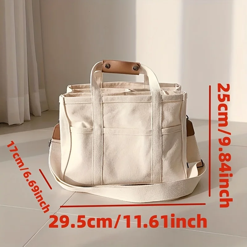 Trendy Multi-pocket Divider Canvas Tote Bag All-match Solid Color Shoulder Bag Perfect Casual Crossbody Bag For Commuting