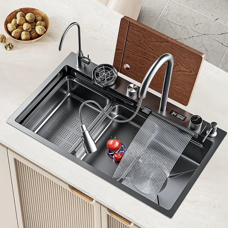 

Digital Display Waterfall Sink Multifunctional Stainless Steel Large Single Slot Kitchen Accessories Gourmet Faucet Kitchen