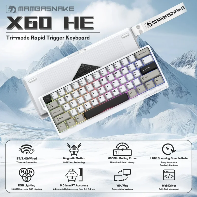 

X60 HE Wireless Rapid Trigger Keyboard Magnetic Switch 2.4Ghz/BT/Wired Hot Swappable,RGB Backlight,8000hz Polling Rat