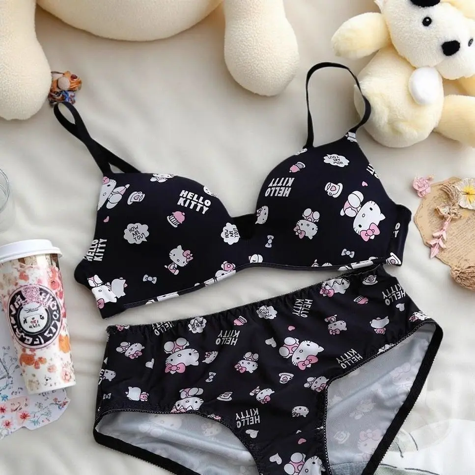 

Kawaii Sanrio Hello Kitty Women Bra Panty Set Cartoon Sexy Girls Breathable Cute Underwear Sexyes Cotton Panties Soft Brassiere