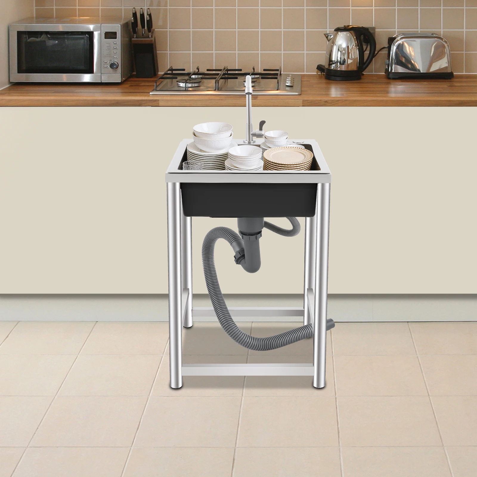 

45x40x22cm Large Capacity Stainless Steel Utility Sink w/ Faucet, Free Standing Single Bowl Commercial Sink for Garage Workshop