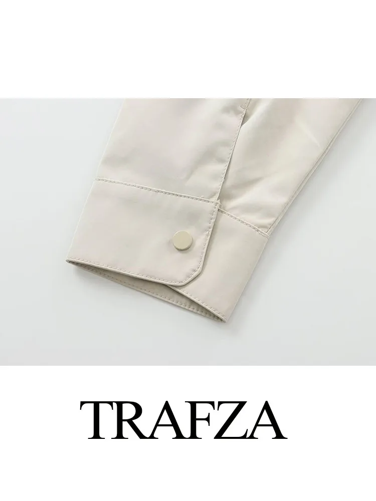 TRAFZA-Casaco elegante com capuz feminino, mangas compridas, bolso, peito único, zíper, casual, cordão, casacos monocromáticos, outono