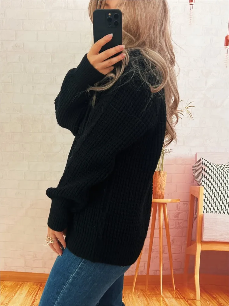 Осенне-зимний простой однотонный новый вязаный пуловер в стиле ретро, женский повседневный свободный универсальный свитер с длинными рукавами и v-образным вырезом