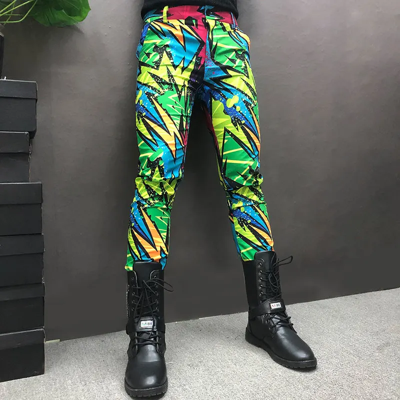 

Abstract Artistic Colorful Doodle Geometric Pattern Print Suit Trousers Hip Hop Nightclub Stage Singer DJ Male Casual Pants