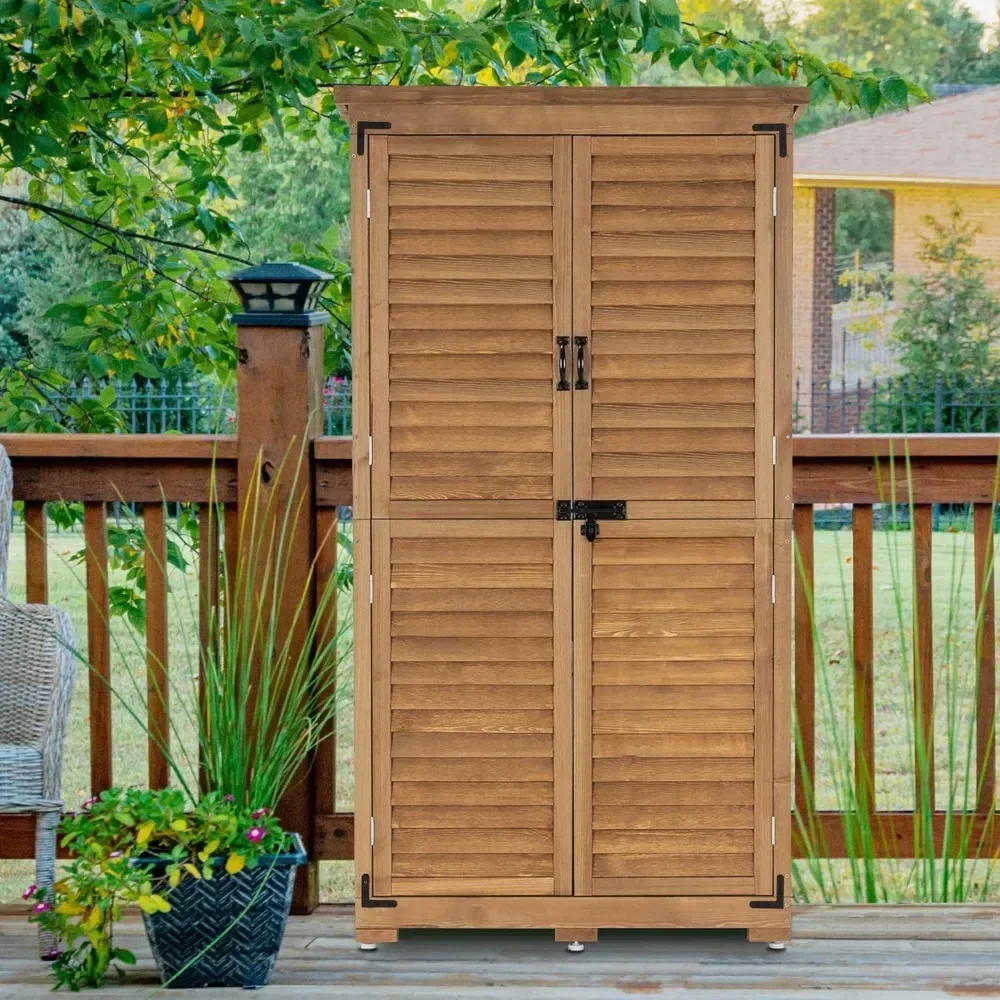 

Outdoor Storage Cabinet, Garden Storage Shed, Outside Vertical Shed with Lockers, Outdoor 63 Inches Wood Tall Shed for