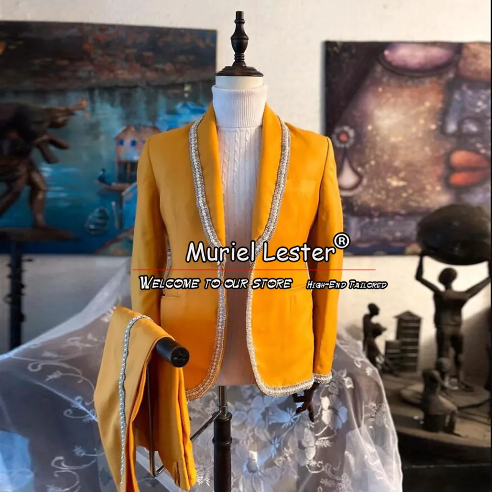 Gold Wedding Suits For Men Slim Fit Crystals Trim Peaked Lapel Jacket Pants 2 Pieces Groom Tuxedo Male Bespoke Prom Clothing