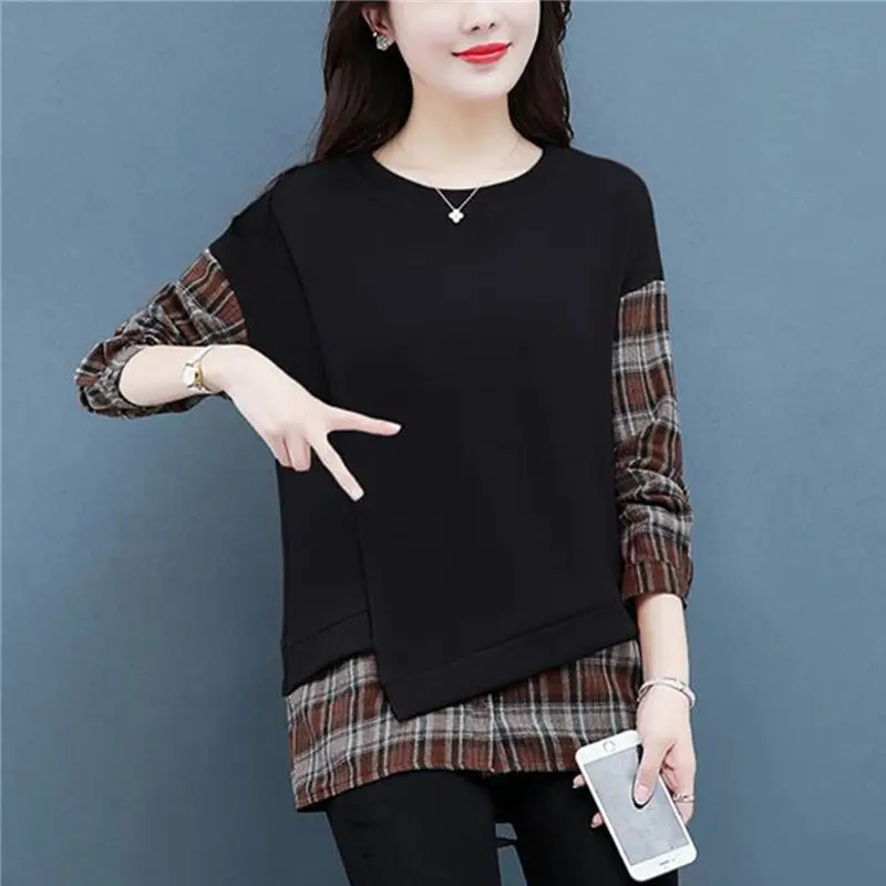 Women Trend Korean Vintage Plaid Print Patchwork Y2K Streetwear Sweatshirts Autumn Female Casual Long Sleeve Loose Pullover Tops