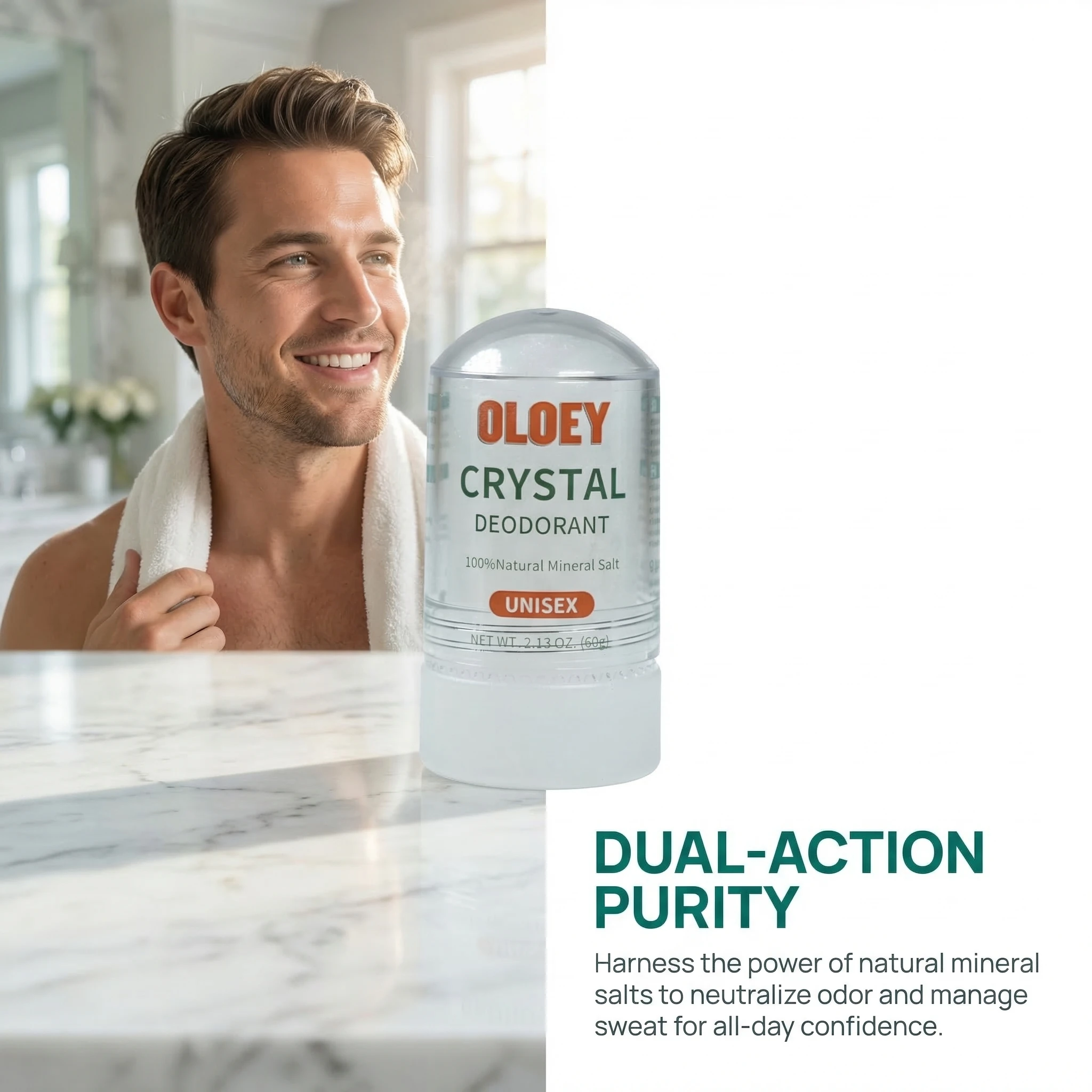 60g Natural Alum Crystal Deodorant Stick for Women & Men – Potassium Alum Stone for Odor Control,Non-Sticky Mineral Rock Design