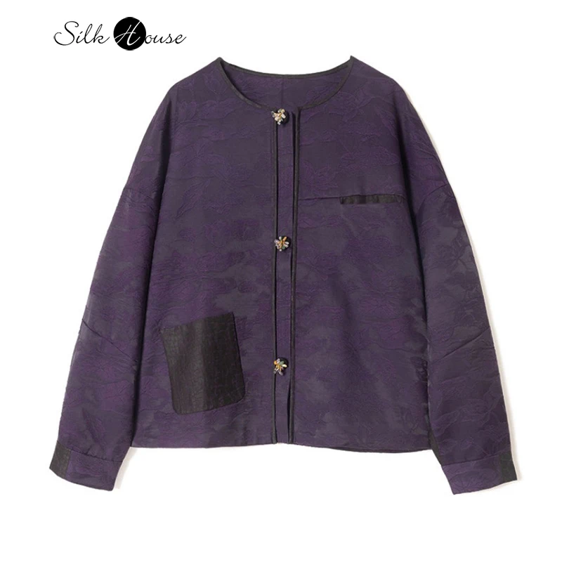 2026 Women's Spring Clothing Purple Lotus 3D Flower 60% Natural Mulberry Silk Round Neck Long Sleeve Pocket Design Coat