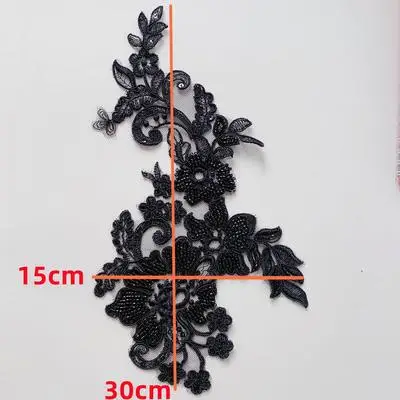 2 Pieces/1Pair Black and White Heavy Luxury Bead Lace Flower Applique Matching Wedding Dress Headwear Accessories 15X30cm