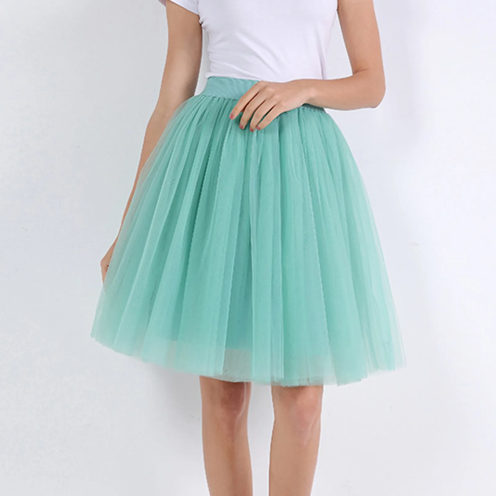 5 Layers Green Pleated Skirt Sexy Midi Tulle Skirt High Waist Full Lining Adult Tutu Korean Style Women Clothing Skirts For Lady