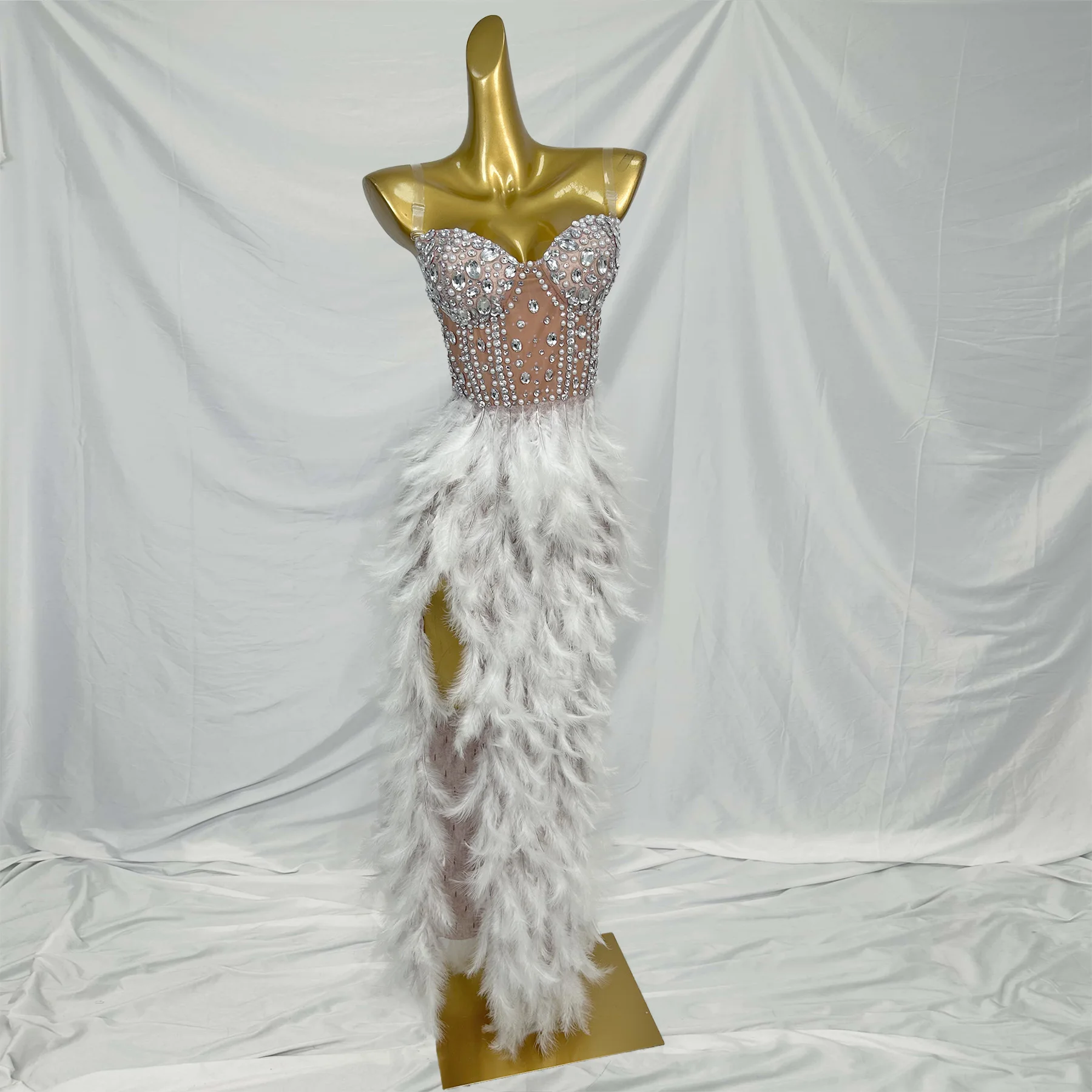 

Vestidos Strapless Hinestone Feathers Birthday Wedding Party Long Dress Ladies High Slit Prom Banquet Dress Women Club Outfit