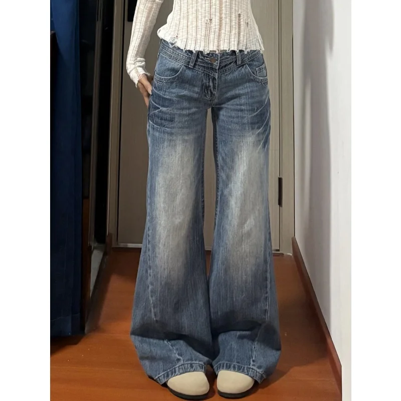 

Американские джинсы-колокольчики с низкой талией в стиле ретро, женские весенние 2026, утягивающие свободные прямые брюки длиной до пола