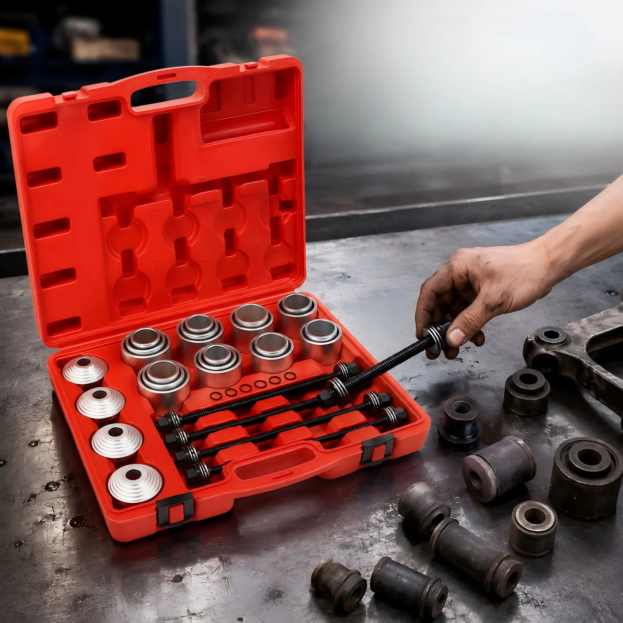 Kit de Herramientas para Reemplazo de Bujes de Goma 28PCS 45 # Manguitos de acero al carbono M10 M12 M14 M16 20 para reparación de automóviles y camiones, se pueden utilizar en el mantenimiento del
