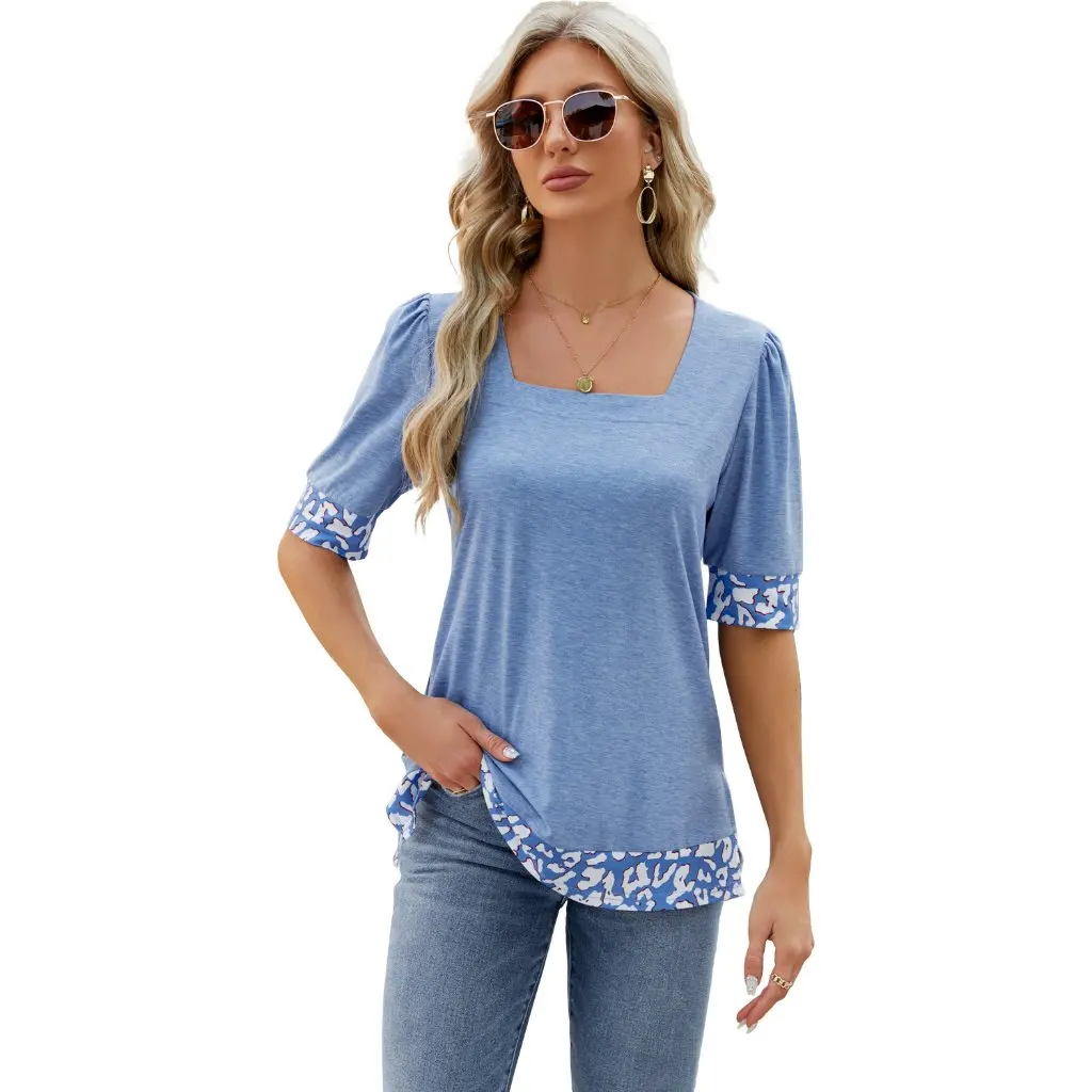 

Women's Square Collar Printed T-Shirt Puff Sleeve Slit Design Spring Summer Top European American Style Fashion
