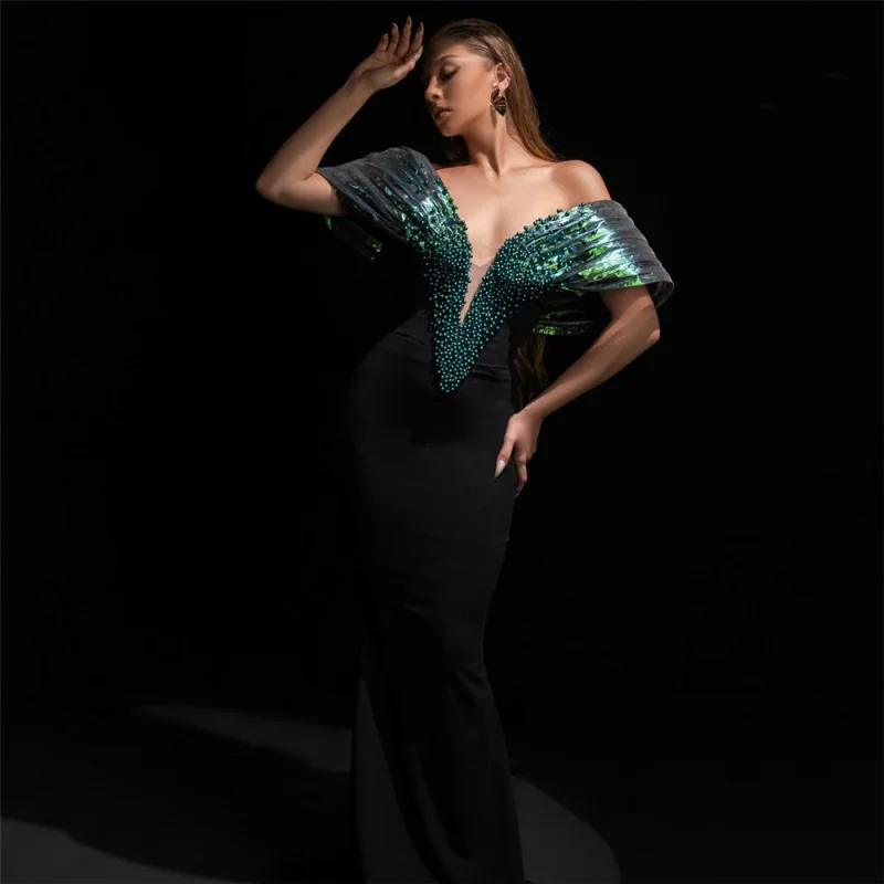 

Европейский и американский новый стиль, сексуальное лоскутное бандажное платье с v-образным вырезом и бисером для банкета, вечернее платье, длинное платье