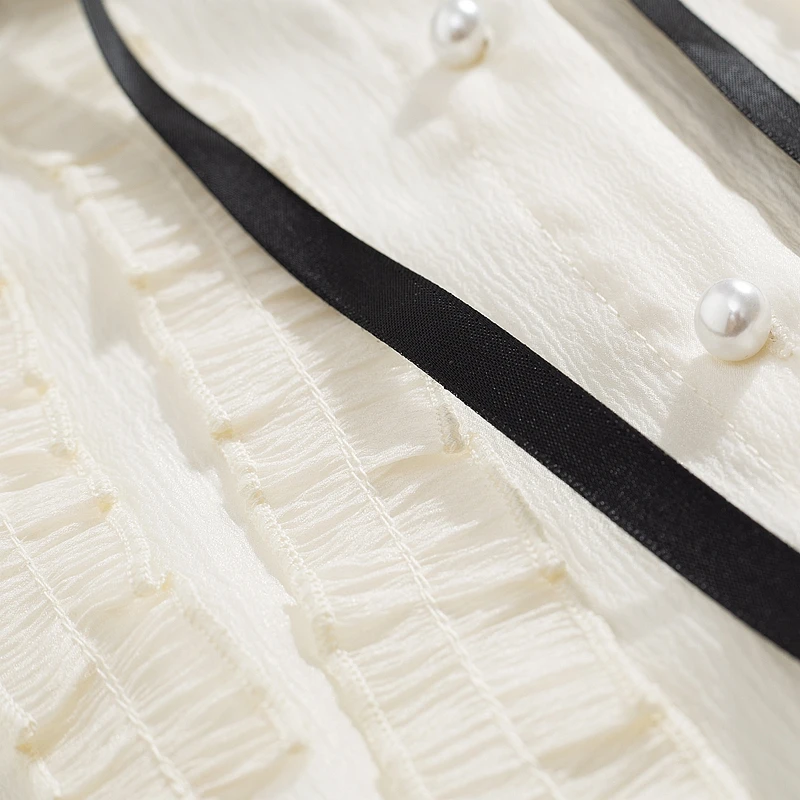 بلوزة قميص نسائية جديدة بأكمام طويلة وياقة مكشكشة وأربطة قميص شيفون بلوزة نسائية بلوزات قمصان Blusas Para Mujer Q559