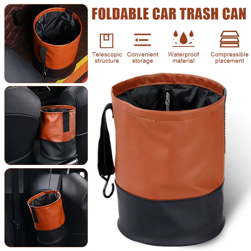 

Foldable Car Trash Can Waterproof Quality Leather Garbage Bin Storage Box Outdoor Portable Umbrella Organizer Auto Accessories