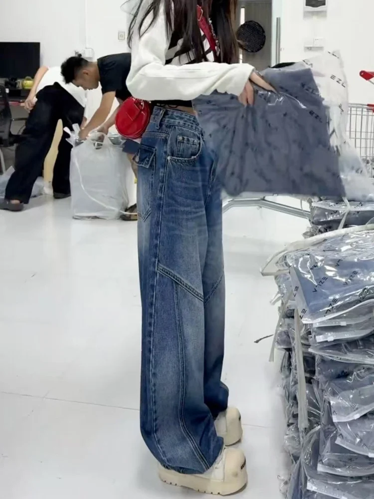 ارتفاع الخصر فضفاضة تناسب الأزرق الدنيم الجينز المرأة حجم كبير مستقيم الساق السراويل الخريف Faion الكمثرى القرد الجسم التخسيس بنطلون