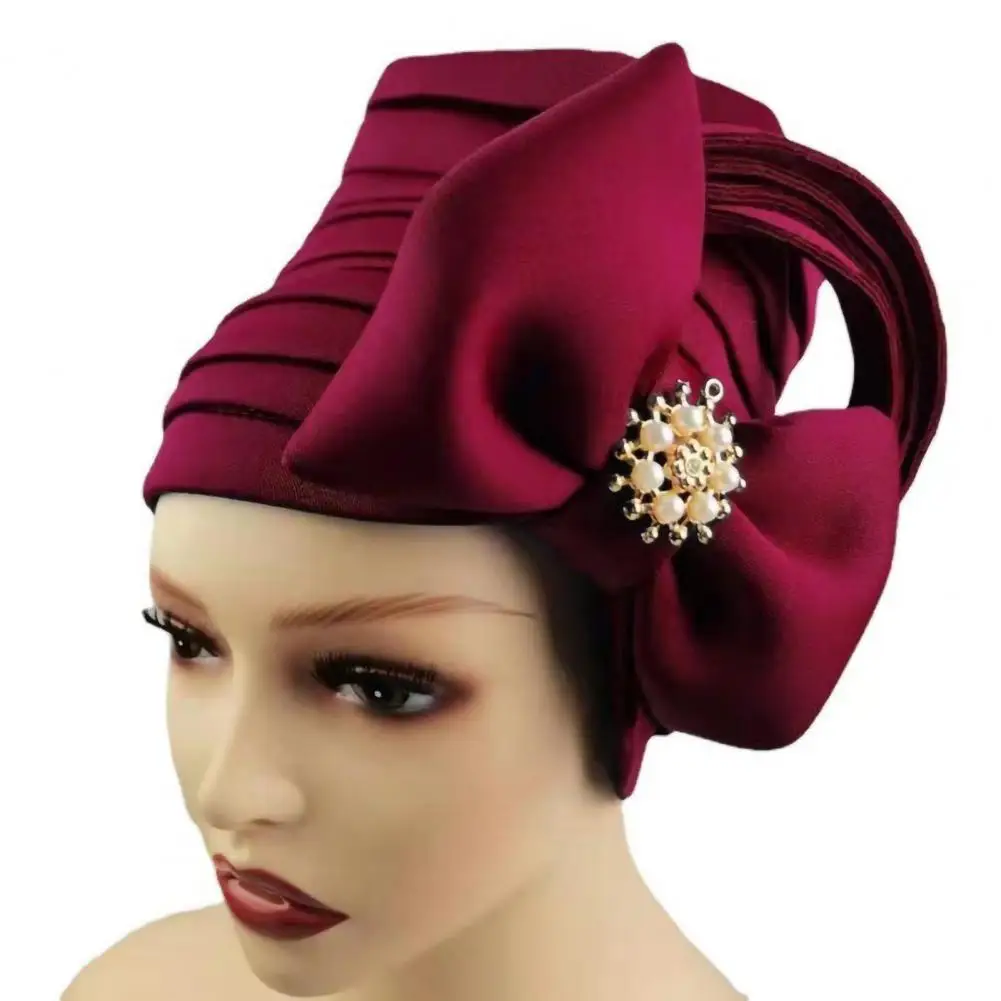 National Hat Beads Decoration Head Wrap Solid Color Satin Surface Turban Cap Turban Cap Bow Adjustable caps for Women