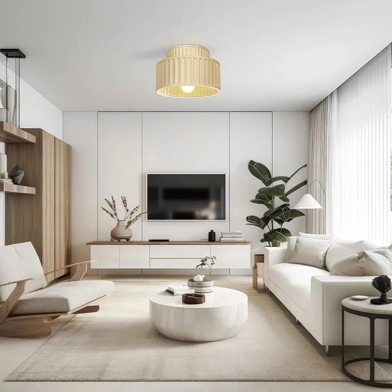 Modern Cream White Ribbed Semi Flush Mount Ceiling Light for Bedroom Hallway Balcony Home Decor