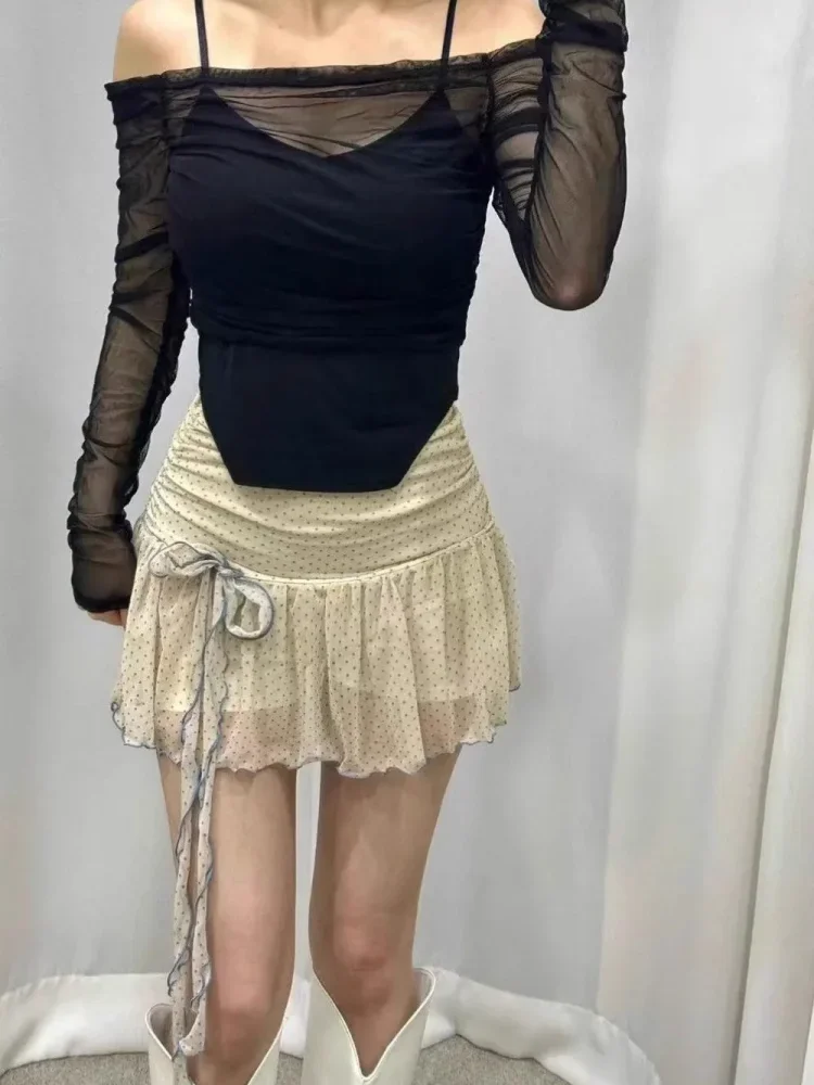 A-line High Waist Simple Office Lady Women Skirt Polka Dot Western Small Fellow New French Faldas Bow Mesh Elegant Skirts