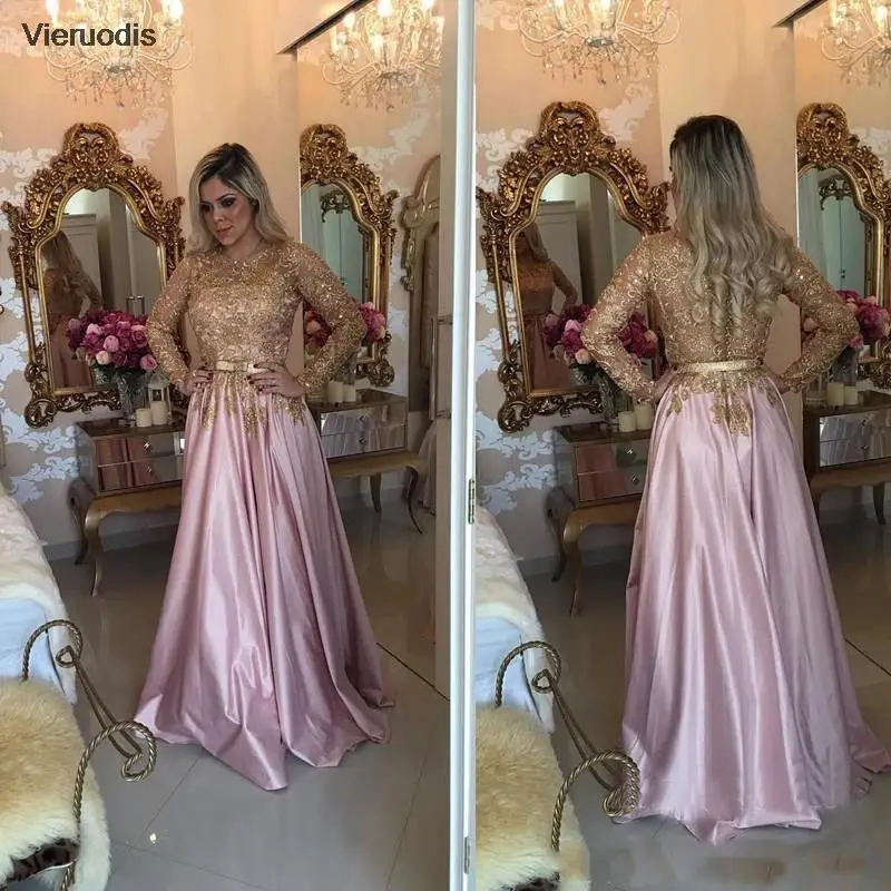 Gold Lace Evening Dresses 2022 Long Sleeve O-Neck A-Line Appliques Satin Elegant Party Prom Gown Floor Length Vestido De Noche
