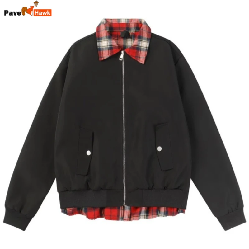 Plaid Patchwork Tooling Jacket Mens New Double Sided Wear Fashion Trend Loose Bomber Coats Harajuku Color Block Male Outwear
