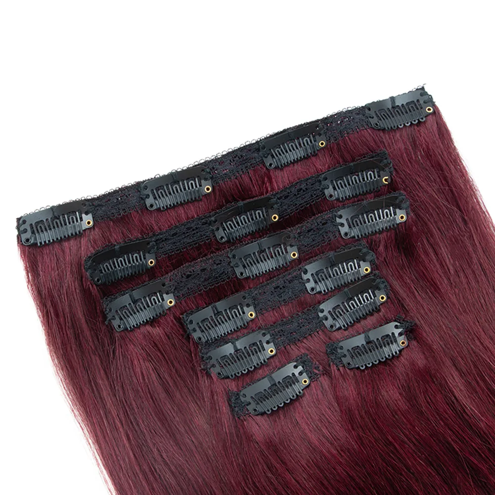 Burgundy Clip In Human Hair Extensions Straight Natural Brown Blonde Black Hair Pieces For Women 7pcs Double Weft Clip Ins Hair