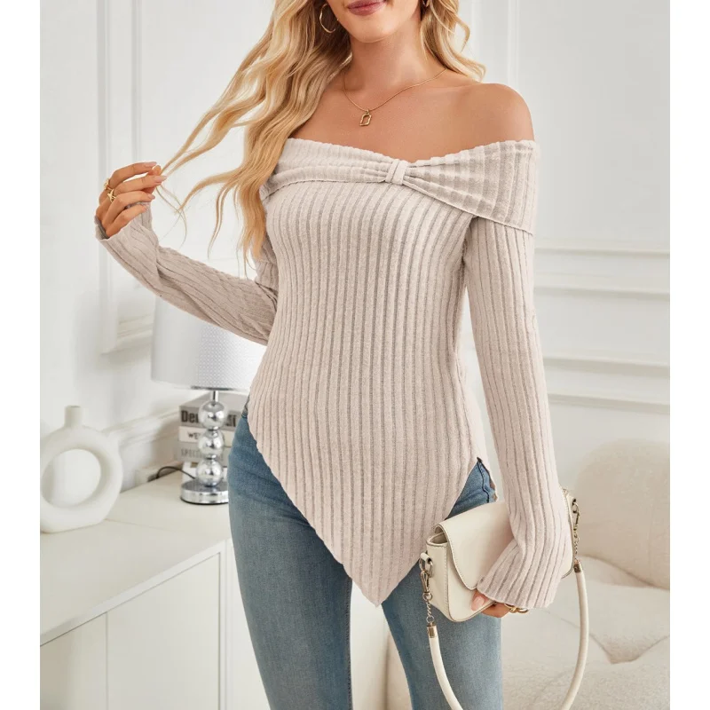 

Women's Off Shoulder Ribbed Knit Top Bow Knot Detail Asymmetric Hem Long Sleeve Blouse for Casual Daily