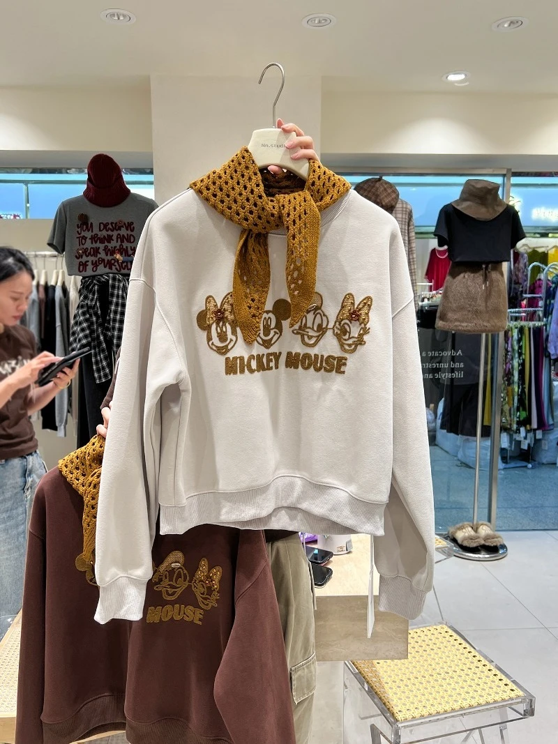 Cartoon Hoodie With Scarf For Women's 2025 Autumn Winter New Fashionable Youthful Round Neck Short Loose Top Jacket Sweatshirts