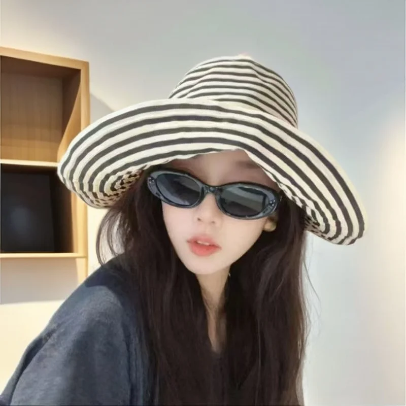 اليابانية طوي مخطط قبعة بحافة المرأة الصيف جديد كبير محيط الرأس قبعة الشمس الرجعية موضة واقية من الشمس حوض قبعة 2