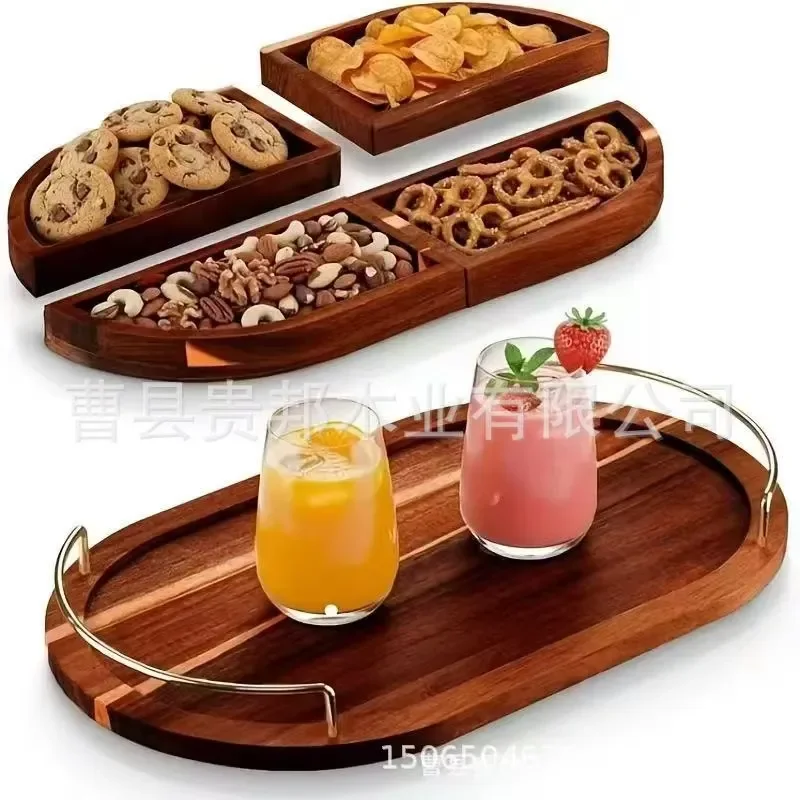 Guibang Wooden Oval Serving Tray with Metal Handle and Divider Layer Safe Food Contact Snack Platter for Party Home Decor