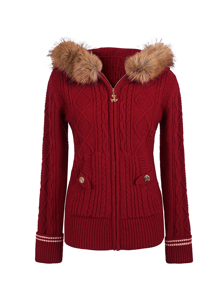 レッドフード付きスリムフィットロングスリーブニットカーディガン女性の秋冬ファイオンレイジースレポリエステル繊維シングルピース