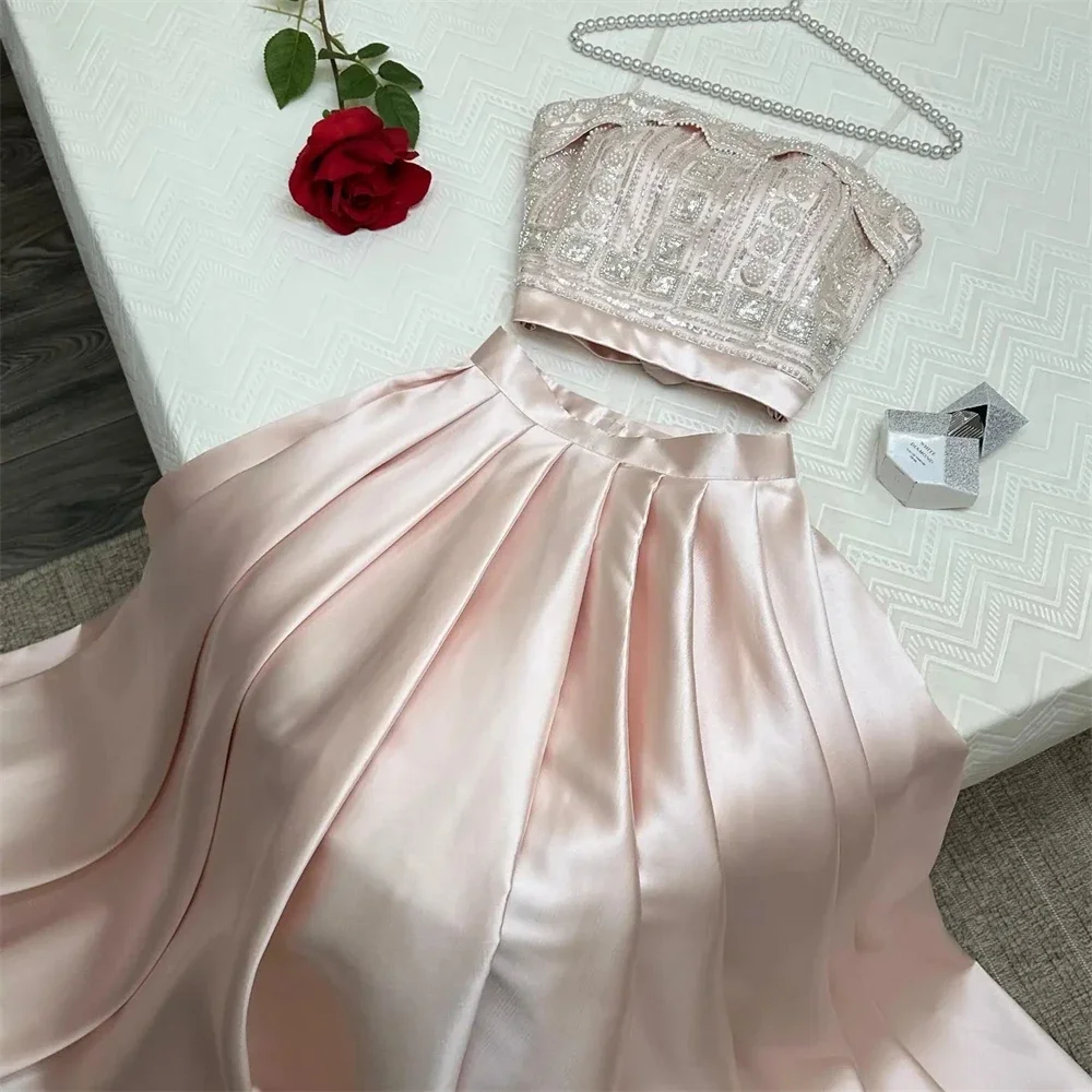 Customized Strapless Neck Two-piece Beads Ruch 2023 Satin Formal Occasion Evening Gown Arabic فساتين نسائيه سهره