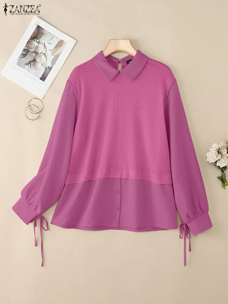 여성 와플 패치워크 블라우스 플러스 사이즈 봄 가을 긴팔 칼라 페이크 투피스 셔츠 ZANZEA 레이지 루즈 탑스 5XL