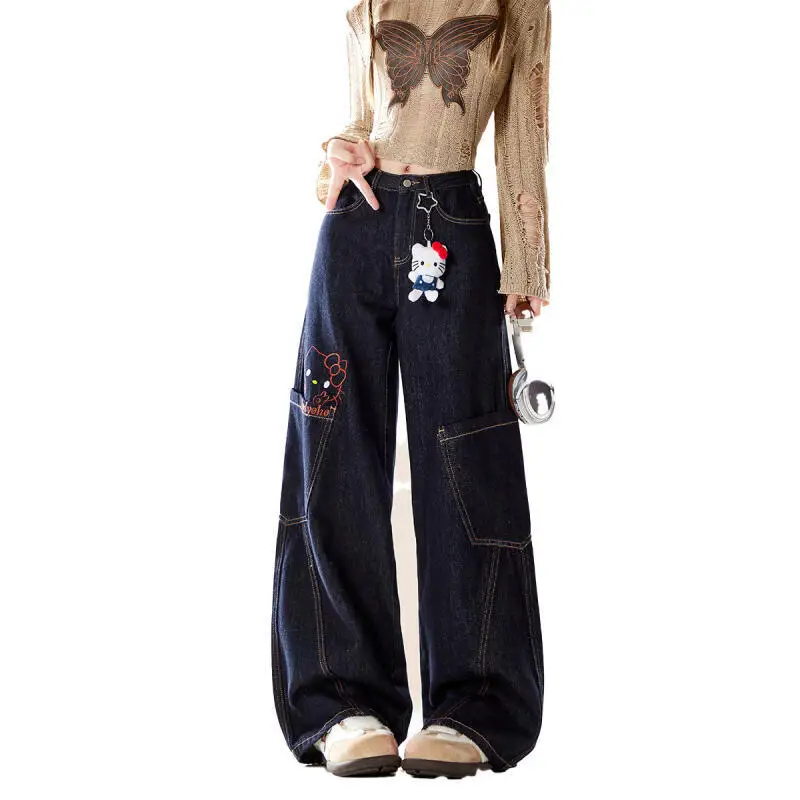 

Jeans Hello Kitty Scimitar Work Pants 2026 New Women's Spring Summer Retro Distressed Washed Casual Wide Leg Loose Pants Cartoon