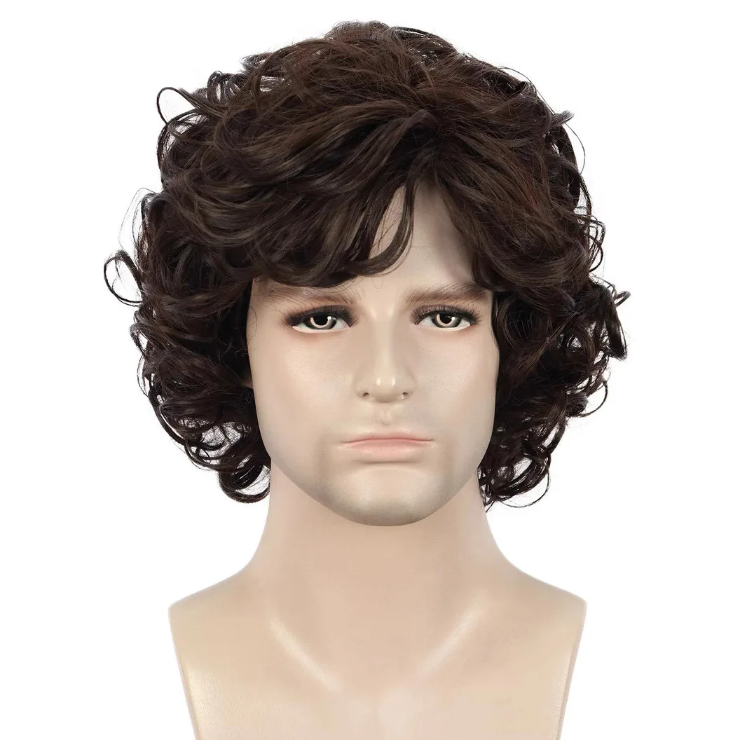 

European and American Men's Brown Short Curly Hair Full Head Wig, Fluffy Natural Synthetic Wig for Daily Wear