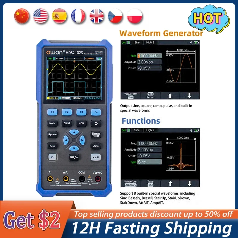 

OWON HDS2102S HDS272S HDS242S Handheld Digital Oscilloscope 100MHz Bandwidth 500MS/s 2CH + 1CH Generator Multimeter osciloscopio