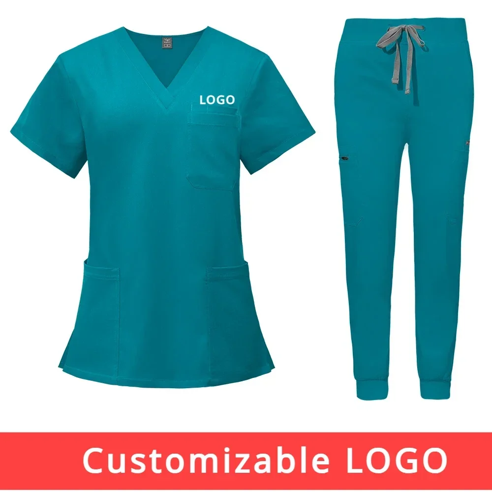 Uniforme de esfoliante com logotipo personalizável, conjunto de manga curta com decote em v + calças, uniforme de enfermagem feminino, médico de animais de estimação, roupa de trabalho médica