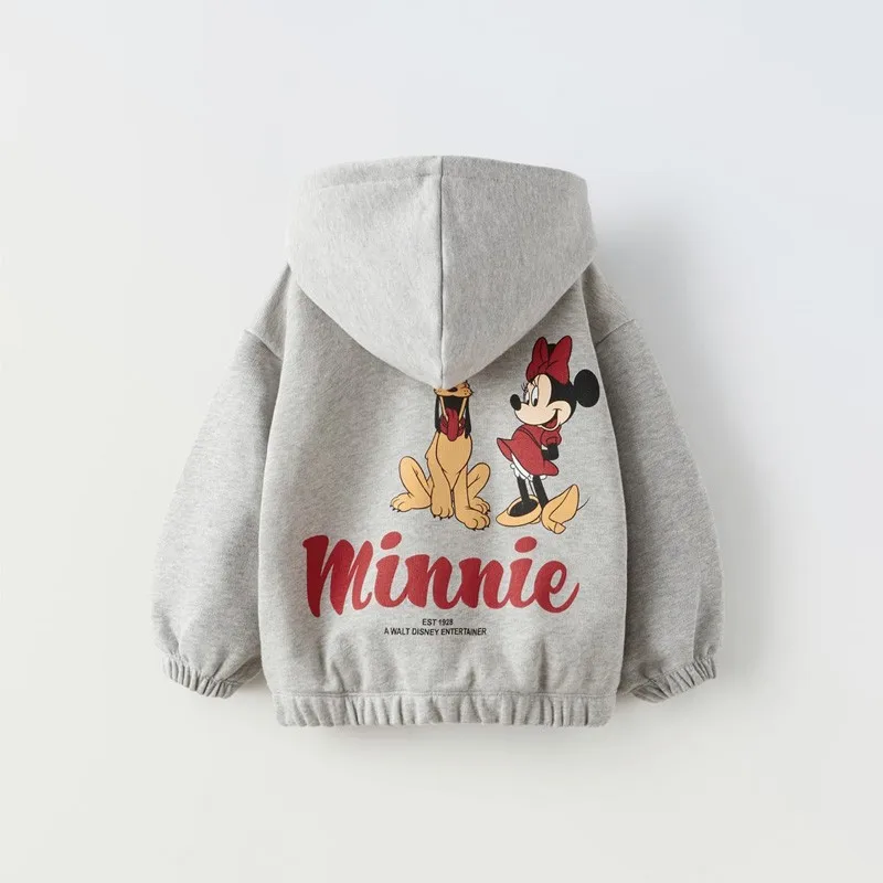 Gray Plush Sweatshirts Coats Cartoon Hooded Outerwear Cute Autumn Winter Clothing Mickey Mouse Print Long Sleeve Hoodies