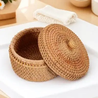 

Sturdy Woven Rattan Storage Basket Multi Purpose Picnic Bread Snack Organizer Household Decorative Box Handmade