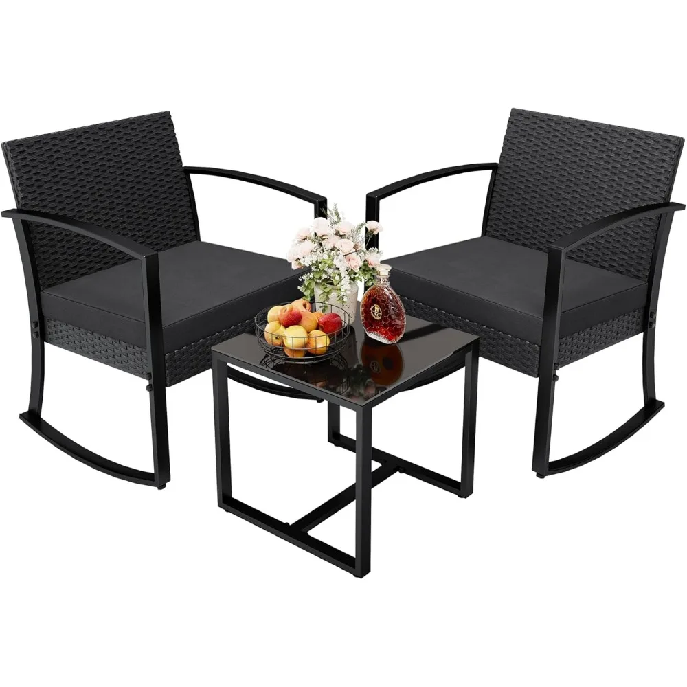 

3 Piece Patio Furniture Set, All-Weather Imitation Rattan Conversation Set, Outdoor Rocking Chair Bistro Set with Glass Top Cof