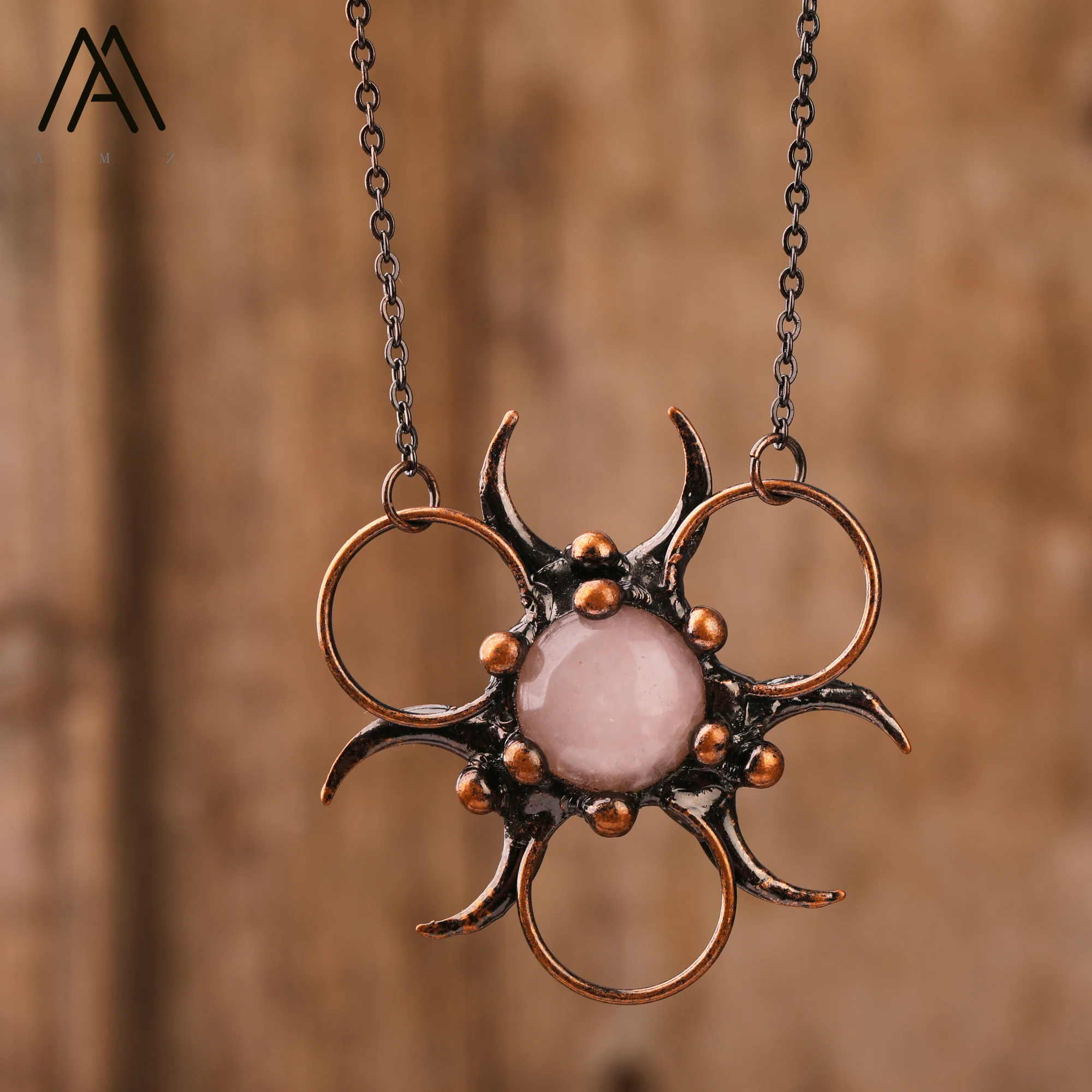 

Designer Necklace Rose Quartz Crystal Moon Chain Antique Bronze Pendant Necklaces Vintage Jewelry